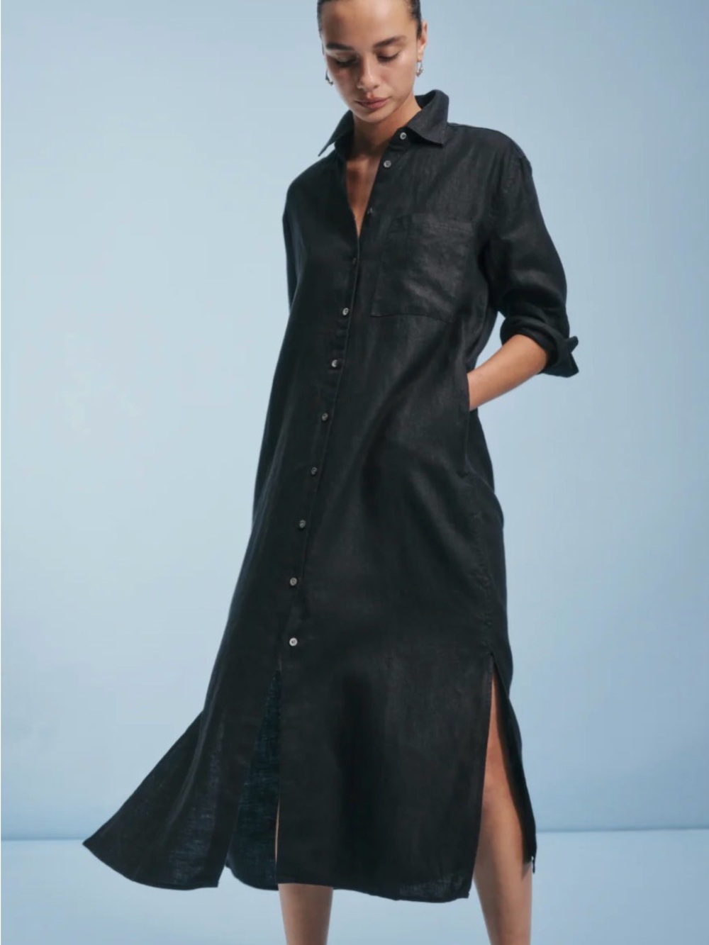 AYR The Deepest End Linen Maxi Button Down Dress - black